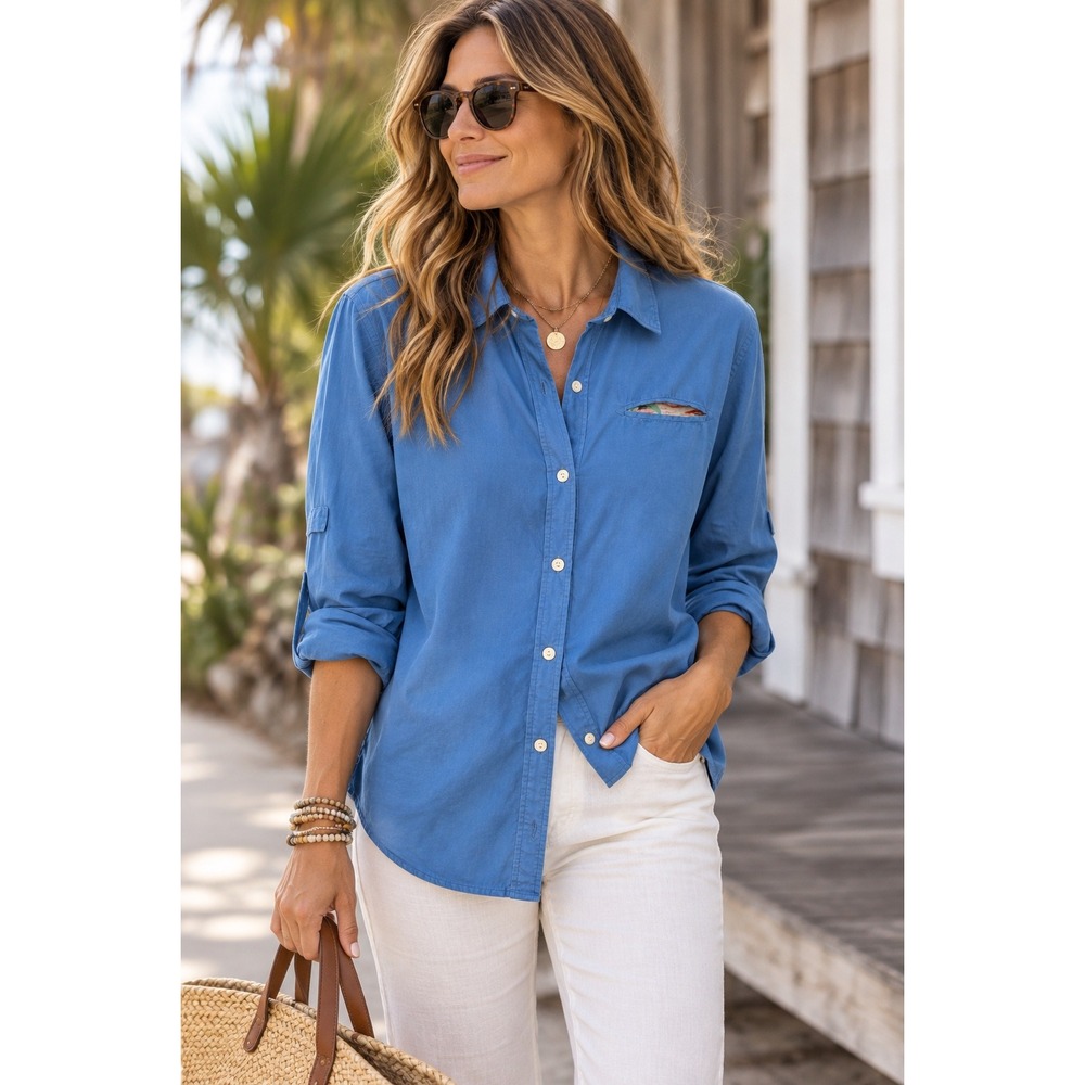 Scotch & Soda Womens Blue Long Sleeve Button Down Shirt Tropical Pocket Detail